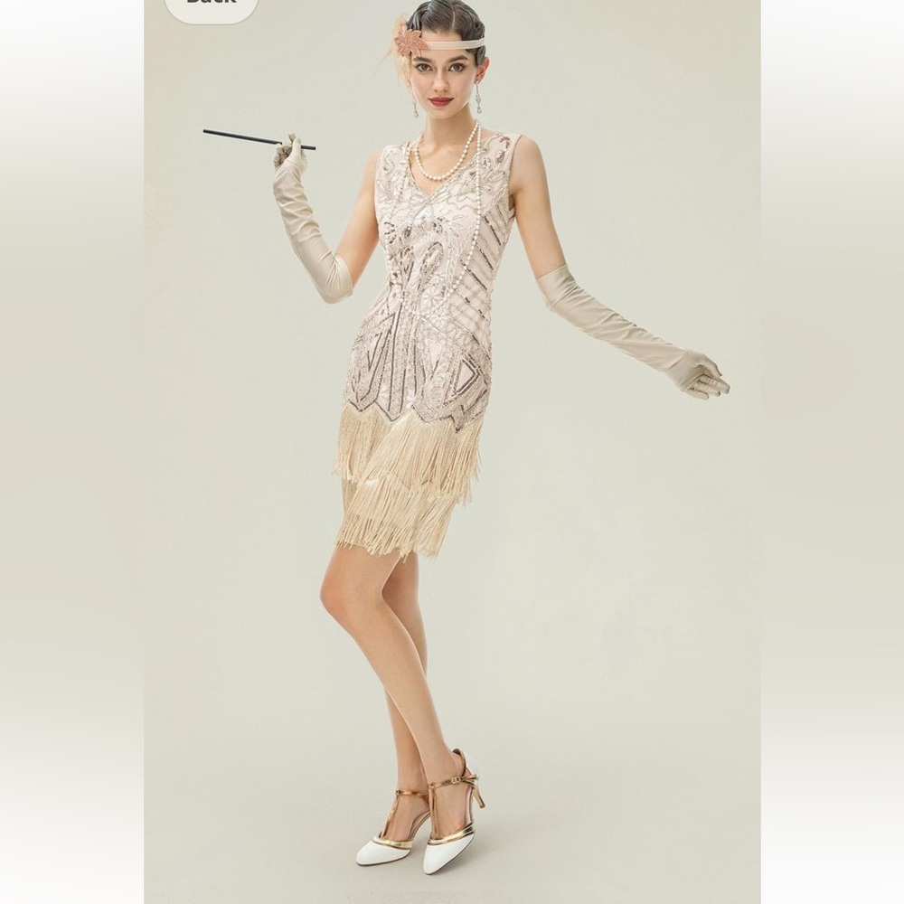 NWT Babeyond Flapper Midi Dress Women’s M 1920s V Neck Bead Fringe
